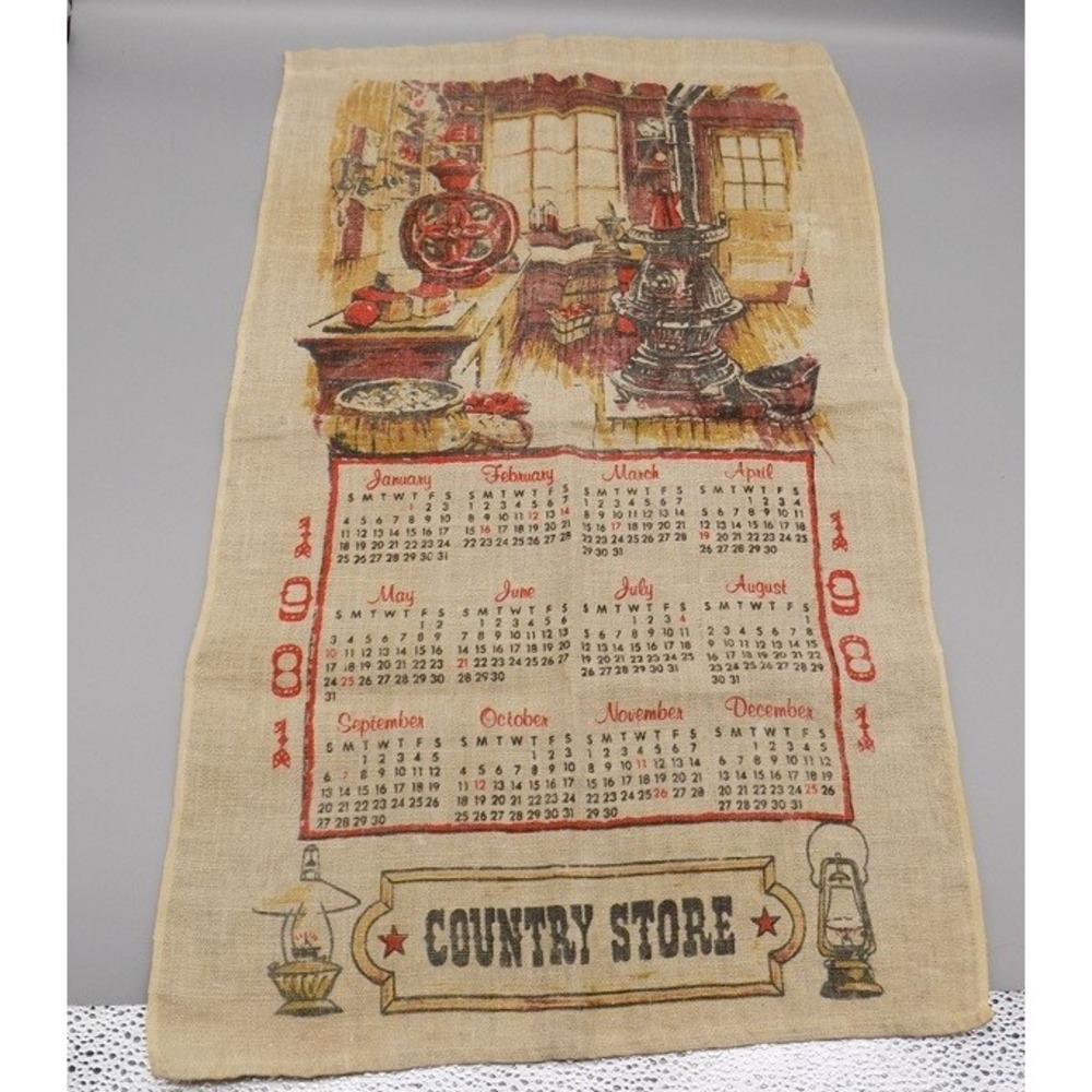 Country Store Linen Dish Towel Calendar 1981 Wall Hanging MCM Rustic Vintage